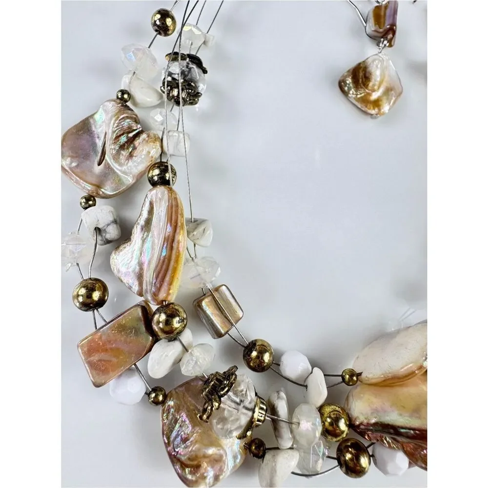 Vintage Mother Of Pearl Shell Multi-Strand Necklace with Earrings